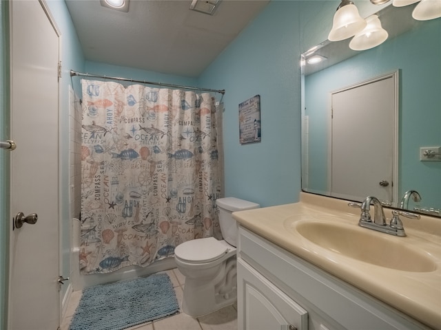 full bathroom with vanity, shower / bath combination with curtain, toilet, and tile patterned flooring