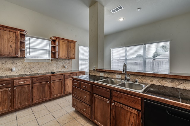 208 Cobblestone Cir, Red Oak, TX 75154 - kitchen with a sink, visible vents, black dishwasher, decorative backsplash, and open shelves