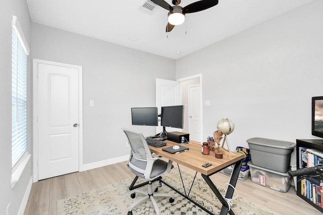 office space featuring visible vents, ceiling fan, light wood finished floors, and plenty of natural light