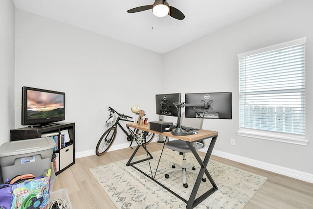 home office with baseboards, a ceiling fan, and light wood-style flooring