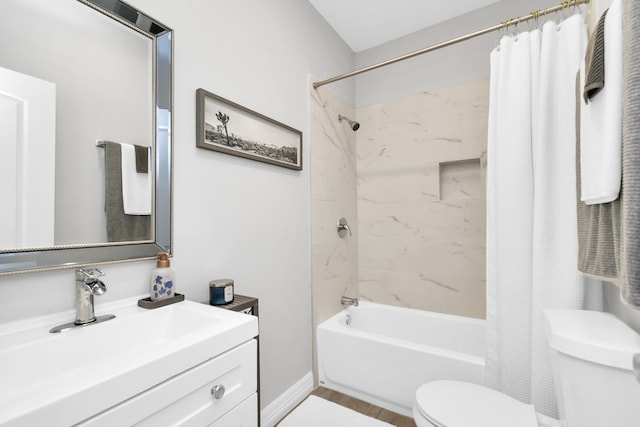 full bathroom with toilet, shower / tub combo with curtain, vanity, and hardwood / wood-style flooring