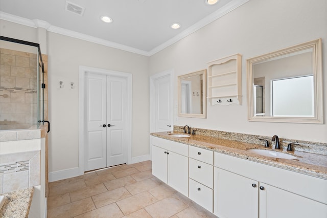 bathroom featuring vanity, crown molding, tile patterned floors, and independent shower and bath