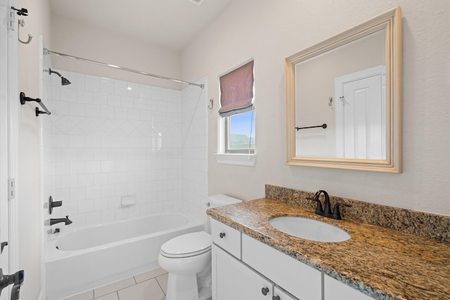 full bathroom featuring shower / tub combination, vanity, tile patterned floors, and toilet