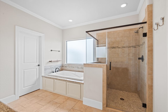 bathroom with ornamental molding, plus walk in shower, and tile patterned flooring