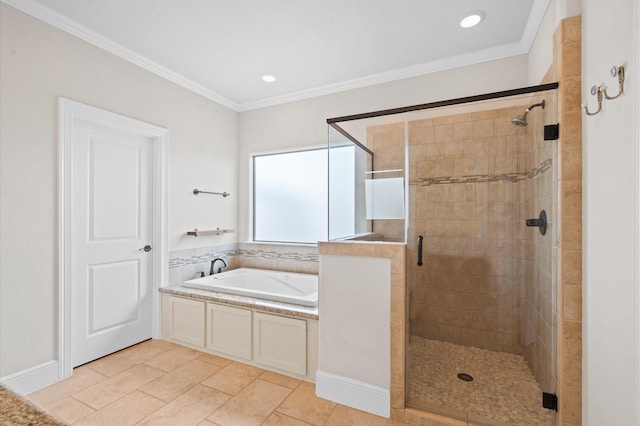 2523 Maxroy St, Houston, TX 77007 - full bathroom with a stall shower, ornamental molding, a garden tub, tile patterned floors, and recessed lighting