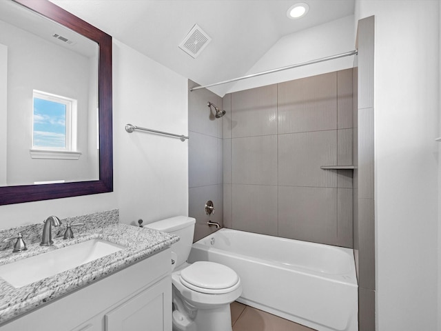 bathroom with toilet, shower / tub combination, vanity, and visible vents