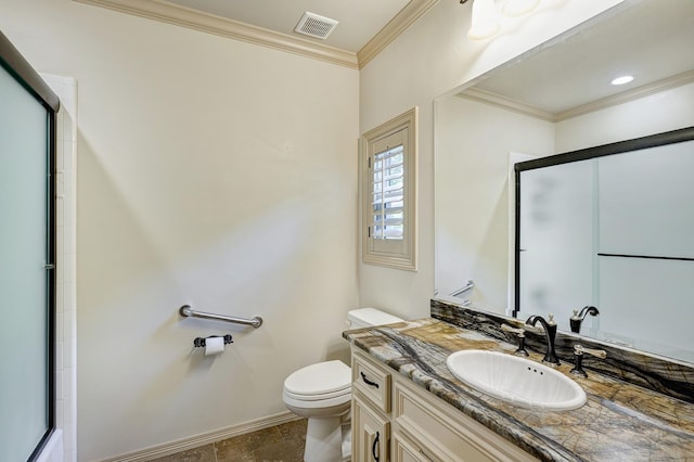 bathroom with vanity, ornamental molding, an enclosed shower, and toilet