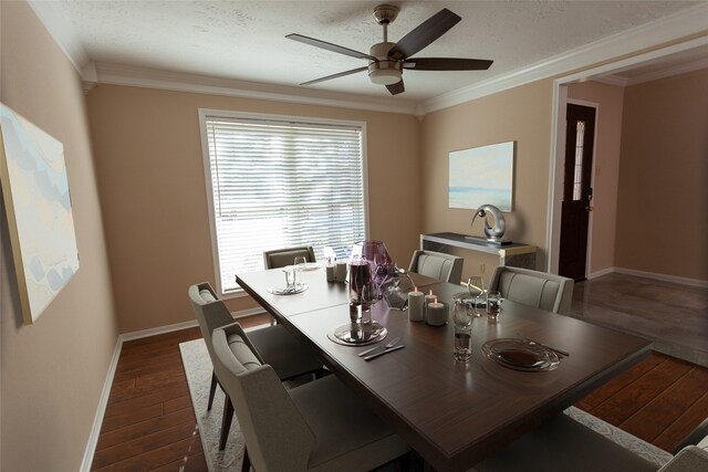 dining area featuring ceiling fan and ornamental molding