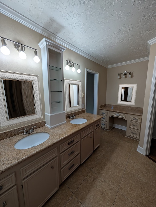 bathroom featuring crown molding, built in features, vanity, a textured ceiling, and tile patterned floors