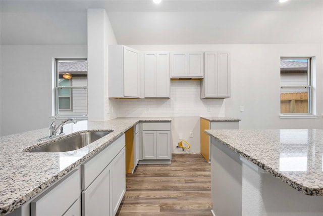 kitchen with wood-type flooring, sink, light stone countertops, white cabinets, and tasteful backsplash