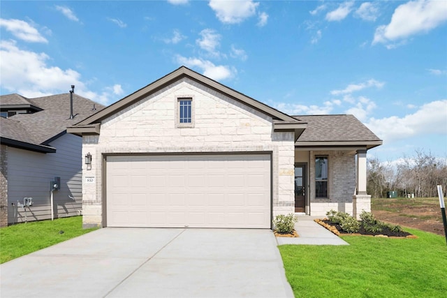 view of front of property featuring a shingled roof, concrete driveway, stone siding, and a front lawn