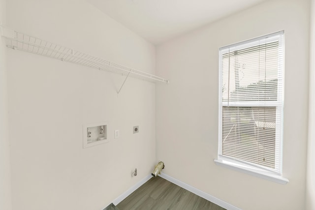 clothes washing area with hookup for a washing machine, electric dryer hookup, and wood-type flooring