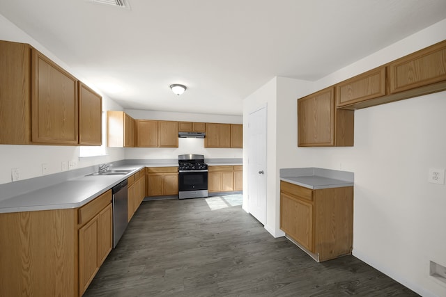 kitchen with appliances with stainless steel finishes, dark hardwood / wood-style floors, and sink