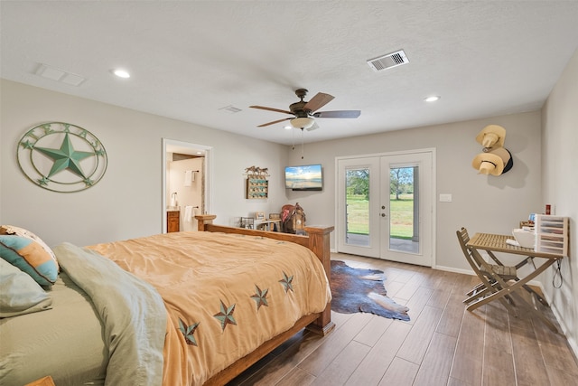 bedroom featuring ceiling fan, a textured ceiling, access to outside, and french doors