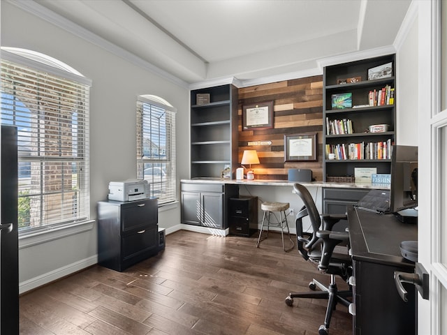 home office featuring ornamental molding and dark hardwood / wood-style flooring