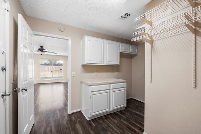 interior space with white cabinetry, ceiling fan, a textured ceiling, and dark hardwood / wood-style flooring