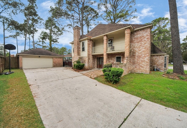 view of front property featuring a front yard, a balcony, a garage, and an outdoor structure