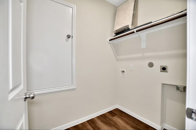 clothes washing area with hookup for a washing machine, hookup for an electric dryer, and hardwood / wood-style floors