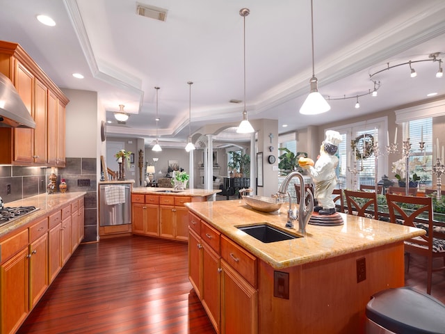 kitchen with a kitchen island with sink, dark wood-type flooring, a tray ceiling, sink, and pendant lighting