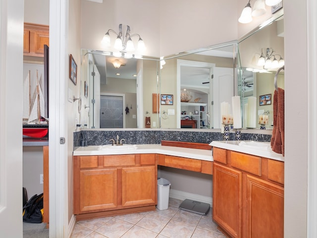 bathroom featuring vanity, walk in shower, and tile patterned floors