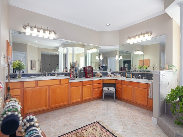 bathroom featuring decorative backsplash, a shower, ornamental molding, vanity, and tile patterned floors