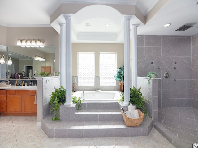 bathroom featuring vanity, separate shower and tub, ornate columns, and tile patterned flooring