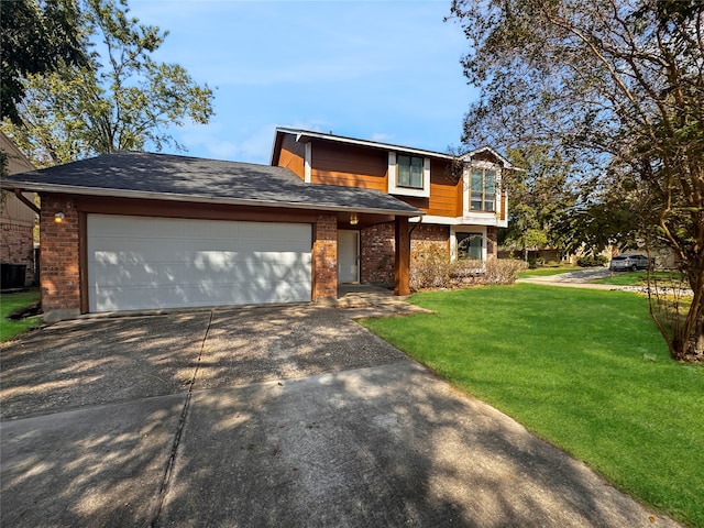 view of front of house featuring a front yard, central AC, and a garage