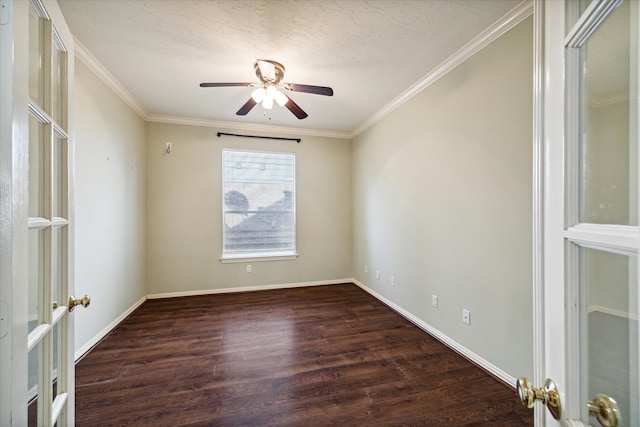 unfurnished room with ceiling fan, dark hardwood / wood-style flooring, crown molding, and a textured ceiling