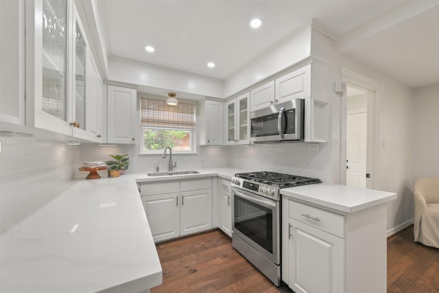 kitchen with dark wood-style floors, a sink, stainless steel appliances, white cabinetry, and backsplash