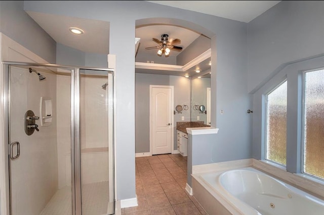 bathroom featuring vanity, independent shower and bath, ceiling fan, and plenty of natural light