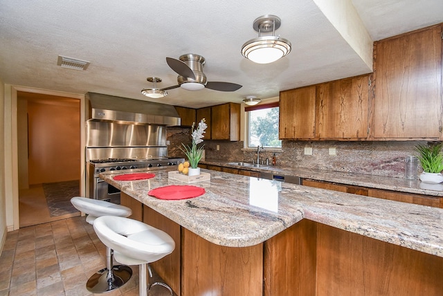 kitchen with light stone countertops, sink, wall chimney exhaust hood, ceiling fan, and stainless steel stove