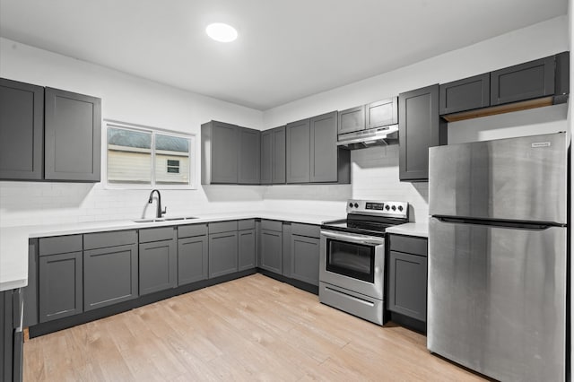 kitchen with tasteful backsplash, light wood-type flooring, sink, gray cabinetry, and stainless steel appliances