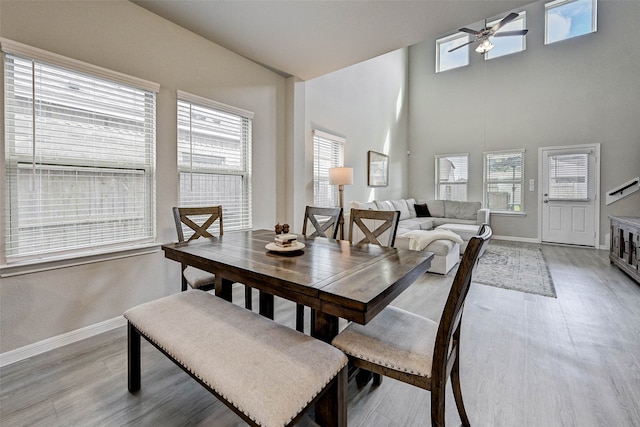 dining room featuring light hardwood / wood-style floors, a towering ceiling, and ceiling fan