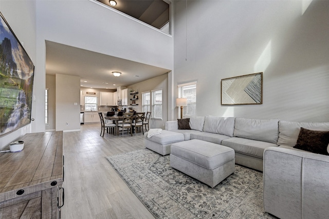 living room with a towering ceiling and light wood-type flooring