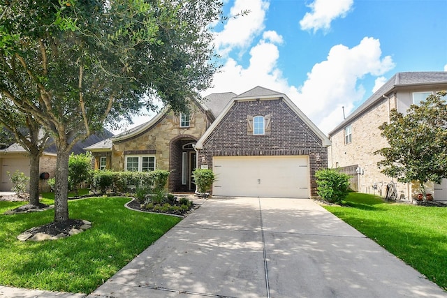 view of front of house with a front lawn and a garage