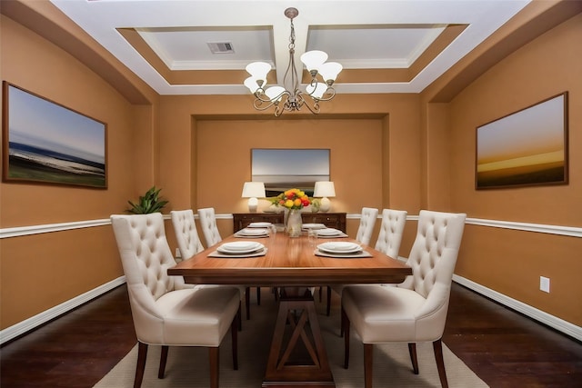 dining area with ornamental molding, dark hardwood / wood-style floors, and a chandelier