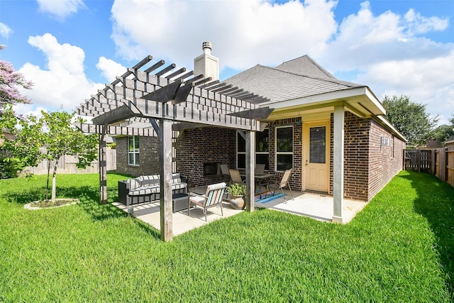 back of property with a yard, outdoor lounge area, a pergola, and a patio