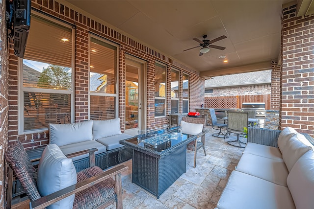 view of patio with outdoor lounge area, a grill, and ceiling fan