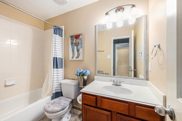 full bathroom featuring vanity, shower / bath combo, and toilet