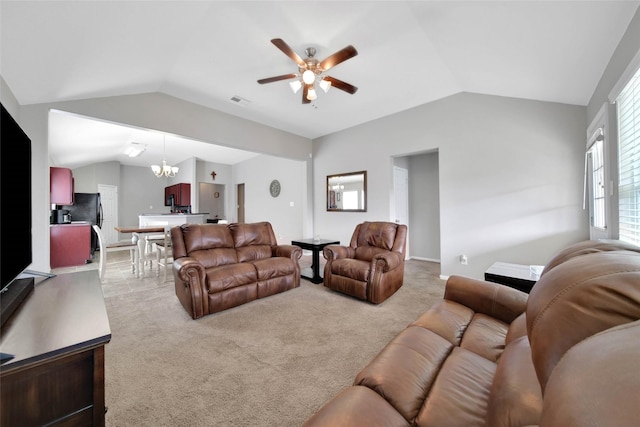 9924 Lace Flower Way, Conroe, TX 77385 - living room with vaulted ceiling, a chandelier, a ceiling fan, light colored carpet, and baseboards