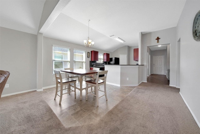 9924 Lace Flower Way, Conroe, TX 77385 - dining room with a chandelier, lofted ceiling, light carpet, baseboards, and light tile patterned floors