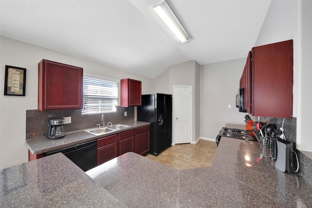 9924 Lace Flower Way, Conroe, TX 77385 - kitchen with a sink, black appliances, dark brown cabinets, dark countertops, and lofted ceiling