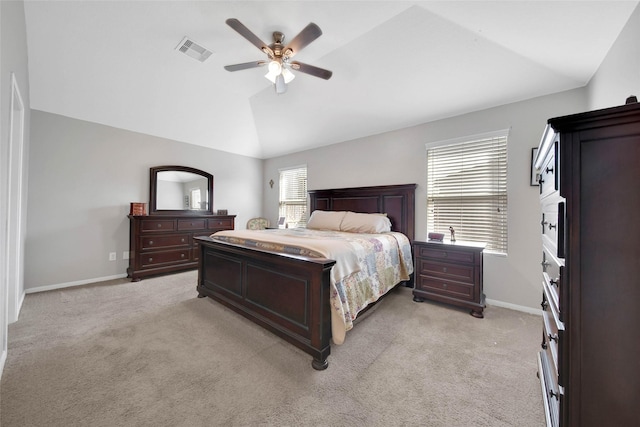 9924 Lace Flower Way, Conroe, TX 77385 - bedroom with vaulted ceiling, baseboards, light carpet, and ceiling fan