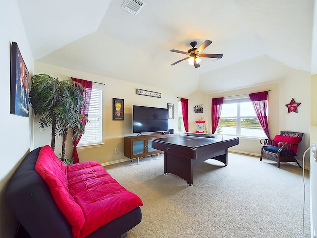 rec room with light carpet, ceiling fan, and vaulted ceiling