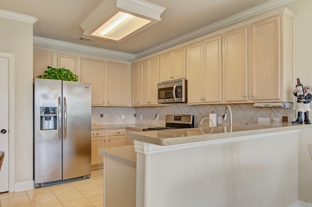 kitchen featuring light tile patterned flooring, ornamental molding, appliances with stainless steel finishes, decorative backsplash, and kitchen peninsula