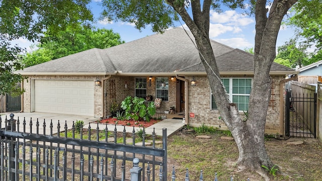 631 Apache St, Houston, TX 77022 - view of front of home with roof with shingles, brick siding, a garage, and concrete driveway
