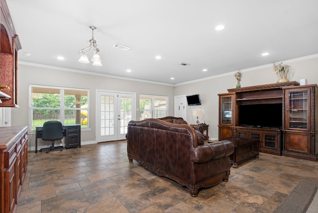 631 Apache St, Houston, TX 77022 - living room with french doors, a desk, healthy amount of natural light, baseboards, and recessed lighting