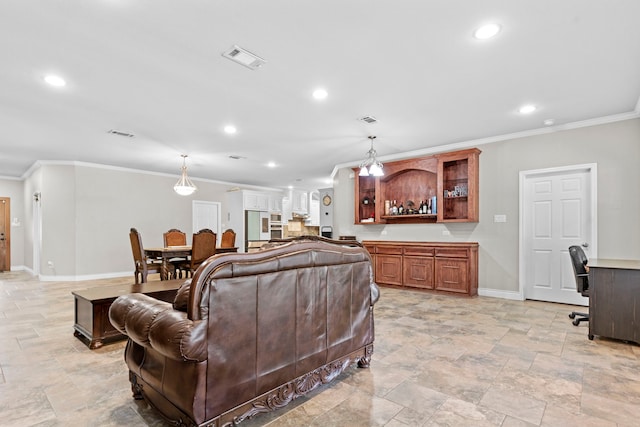 631 Apache St, Houston, TX 77022 - living room with crown molding, baseboards, recessed lighting, and stone finish floors