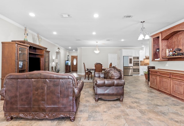 631 Apache St, Houston, TX 77022 - living room with ornamental molding, recessed lighting, light stone finish flooring, and arched walkways