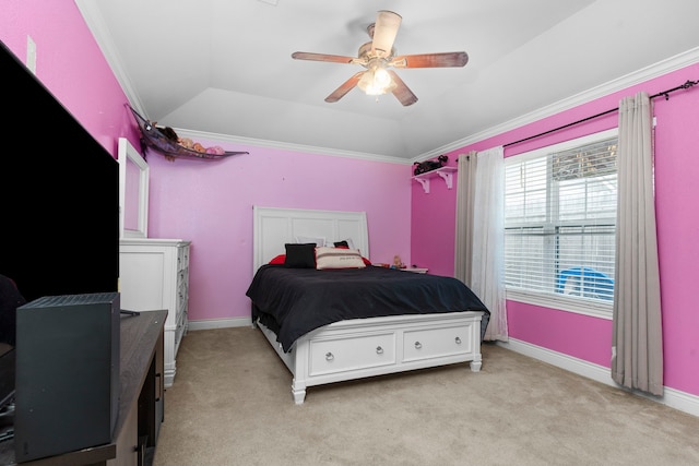 631 Apache St, Houston, TX 77022 - bedroom with ornamental molding, light colored carpet, a raised ceiling, ceiling fan, and baseboards